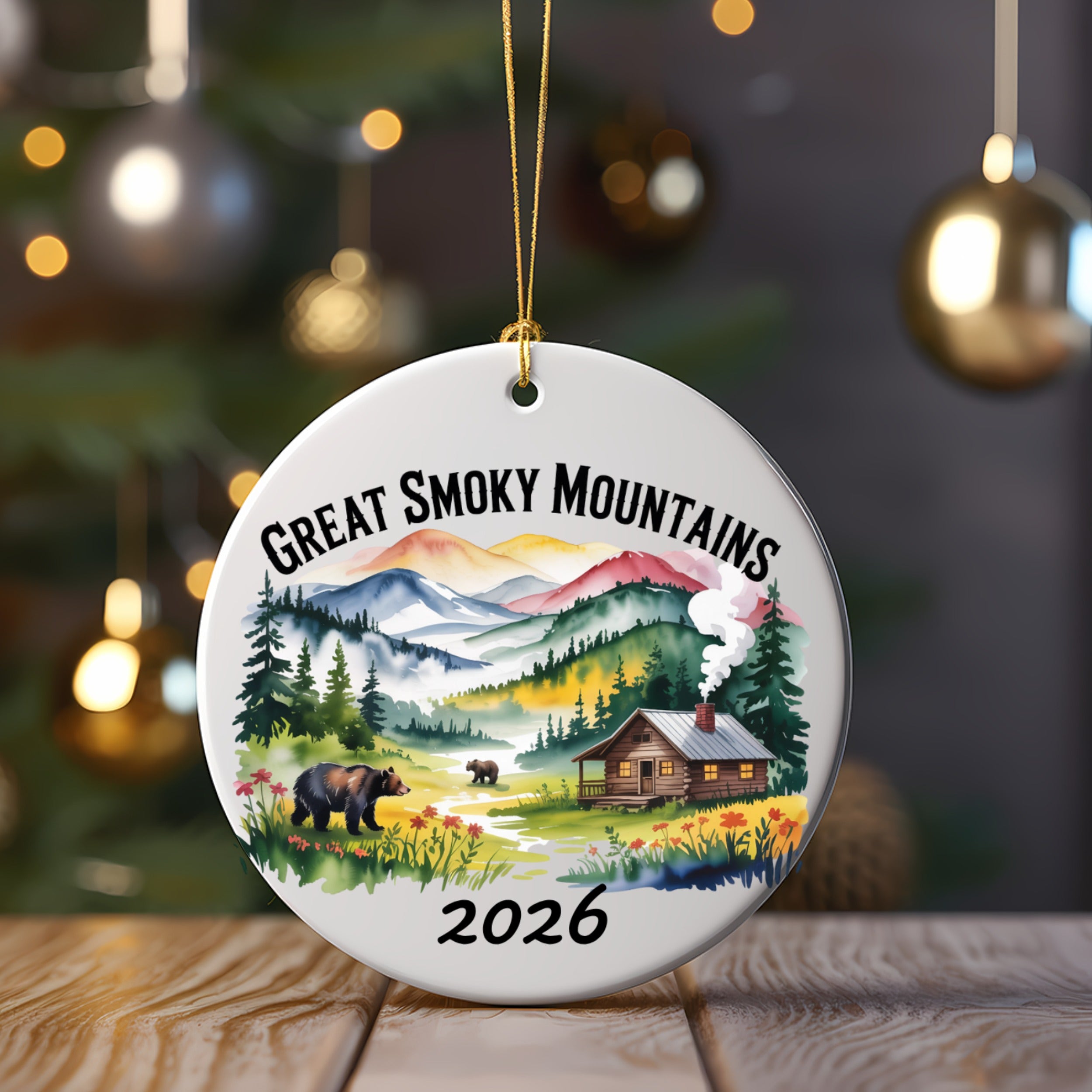 Great Smoky Mountains 2026 ceramic ornament with cabin, bear, and mountain scene.
