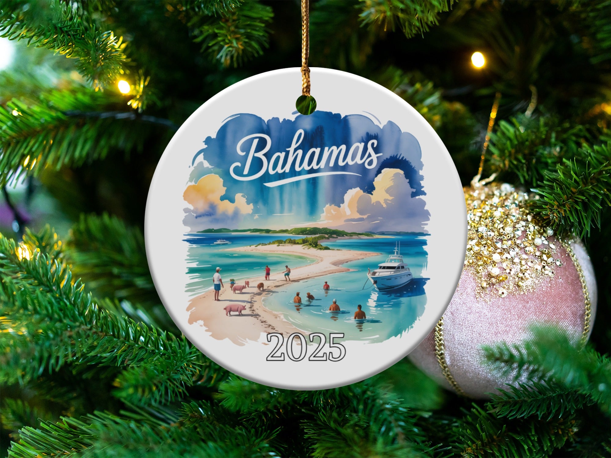 Bahamas Christmas ornament with beach scene and swimming pigs, dated 2025.