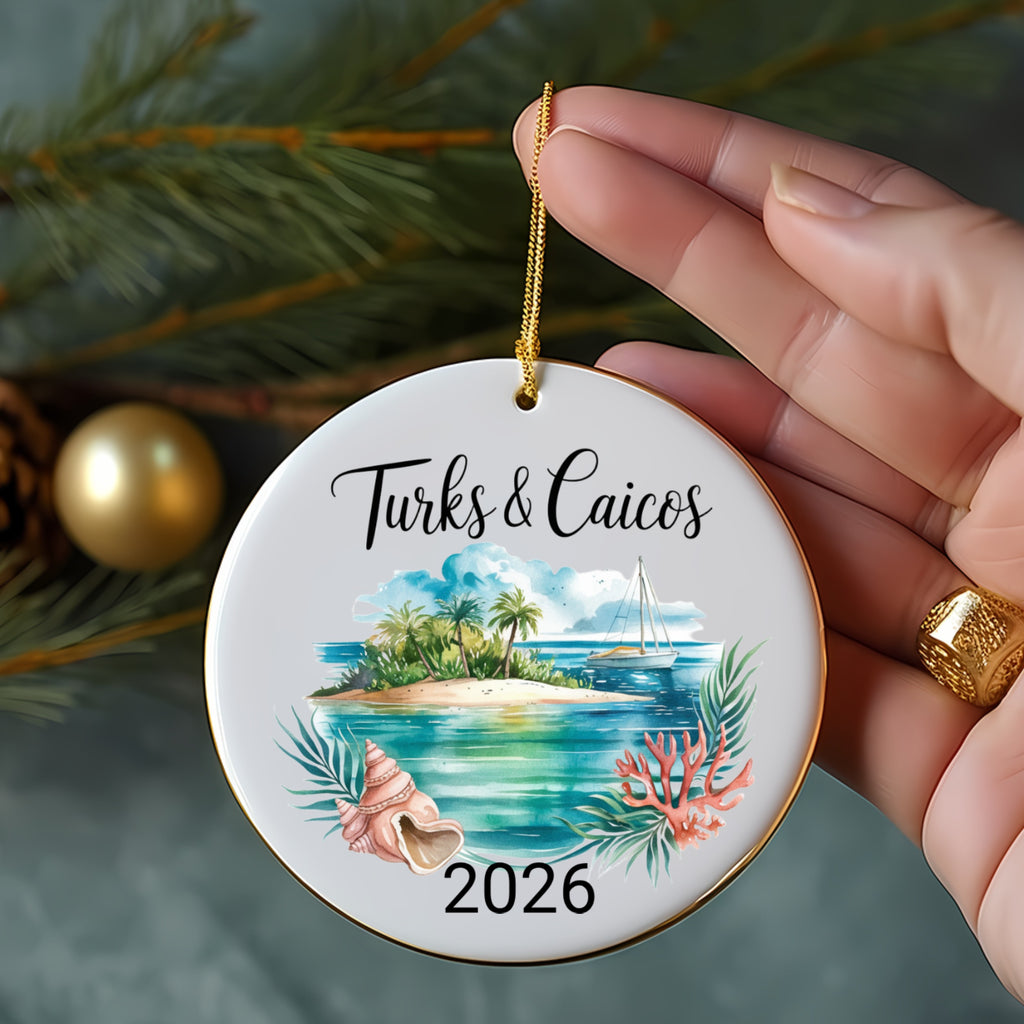 Turks & Caicos 2026 ornament with tropical island, seashell, and coral.