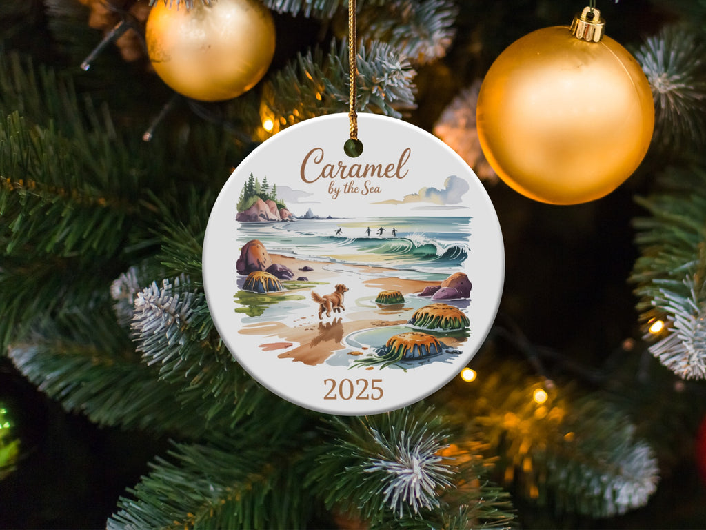 Golden Retriever Beach Ornament, Personalized Family Vacation Keepsake, Ocean Surfer Dog Christmas Trip Gift, Custom Year Date Reunion