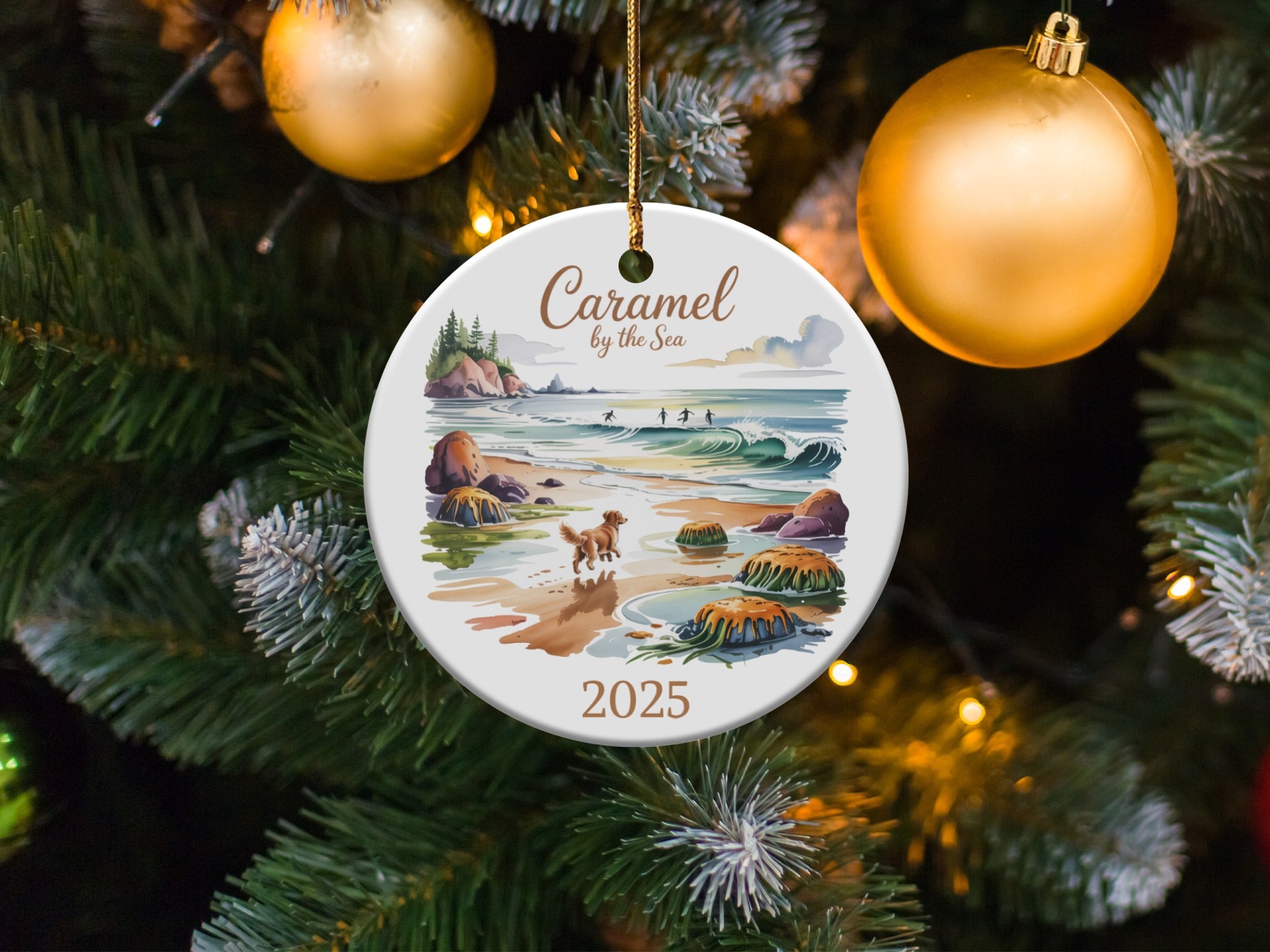 Golden Retriever Beach Ornament, Personalized Family Vacation Keepsake, Ocean Surfer Dog Christmas Trip Gift, Custom Year Date Reunion