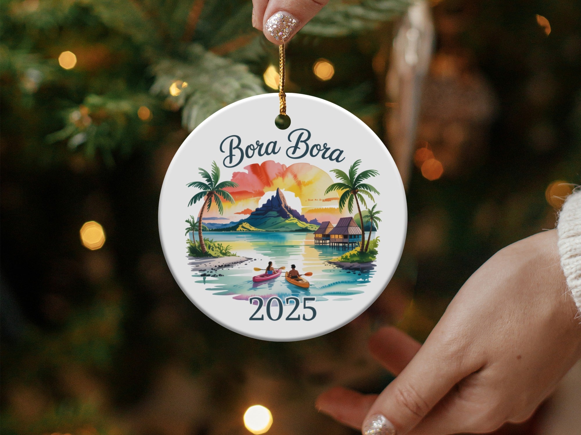 Bora Bora 2025 ornament with palm trees, bungalows, and mountains.