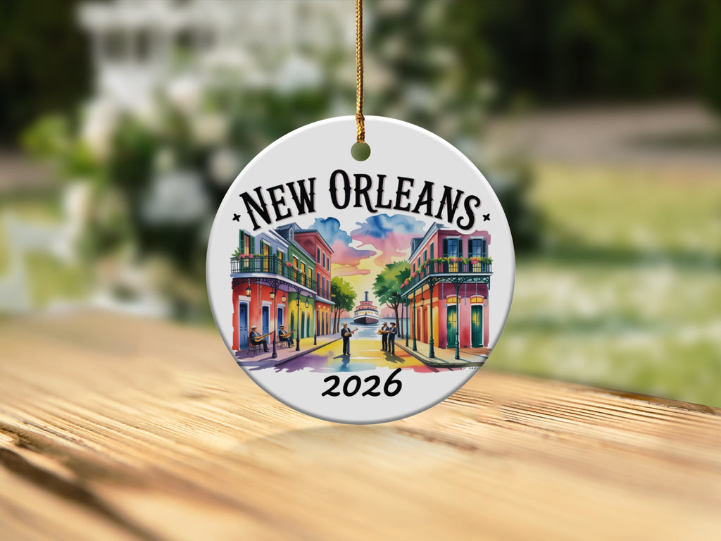 New Orleans 2026 ceramic ornament with colorful buildings and a streetcar.