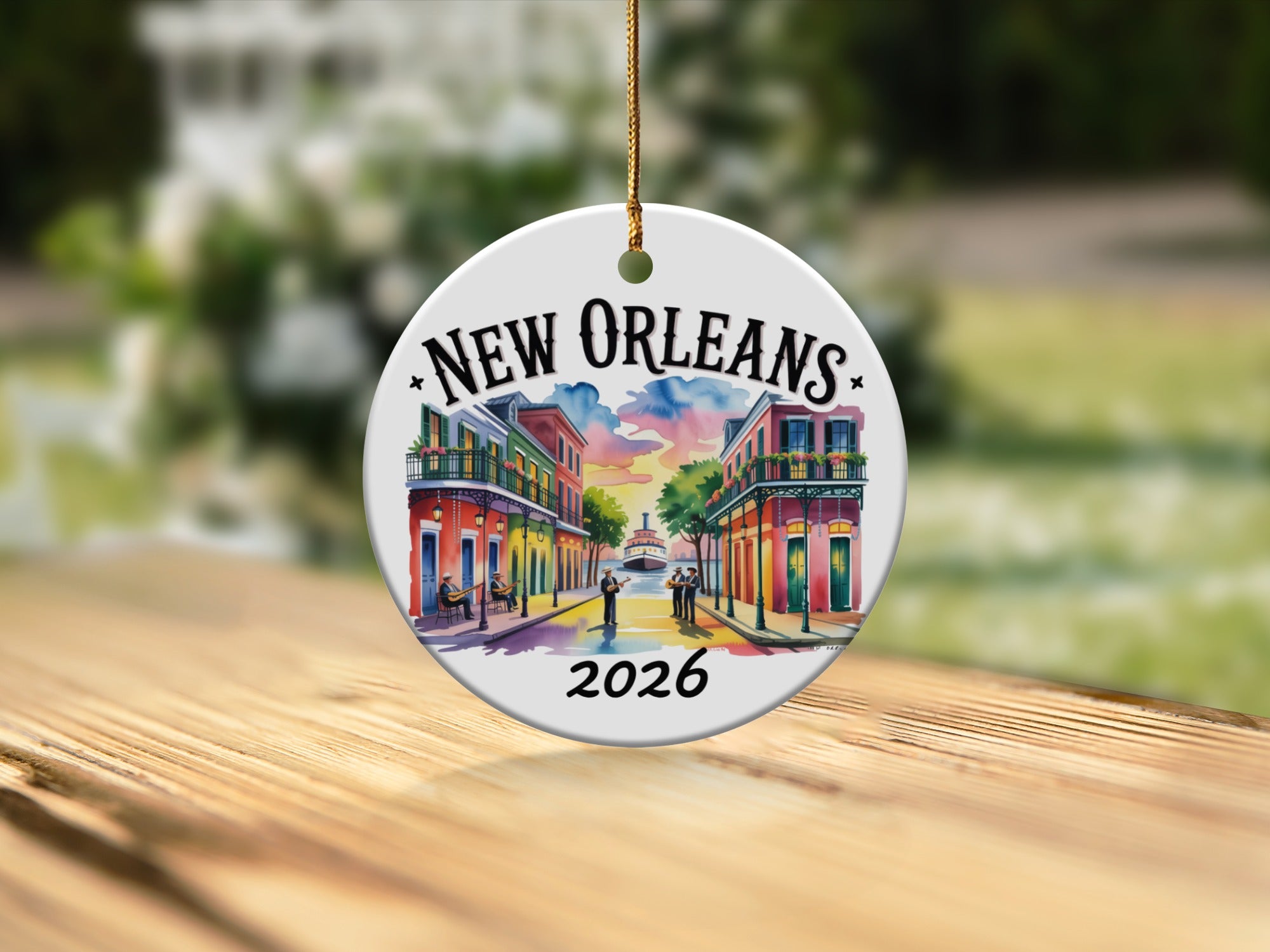 New Orleans 2026 ceramic ornament with colorful buildings and a streetcar.