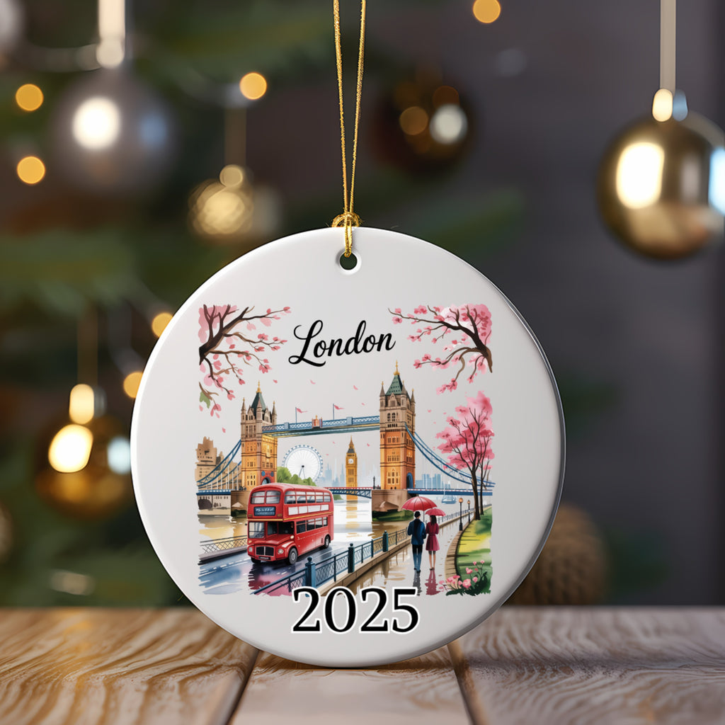 London Tower Bridge and double-decker bus Christmas ornament, dated 2025.
