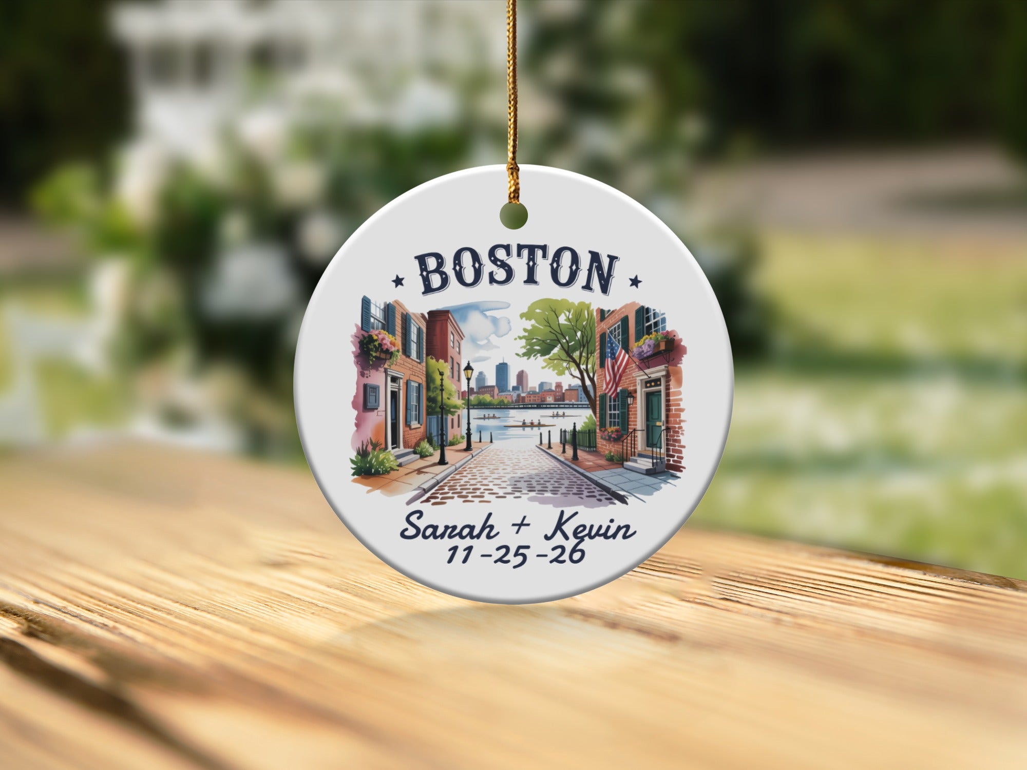 Round Boston ornament with street scene, flag, and names Sarah + Kevin.