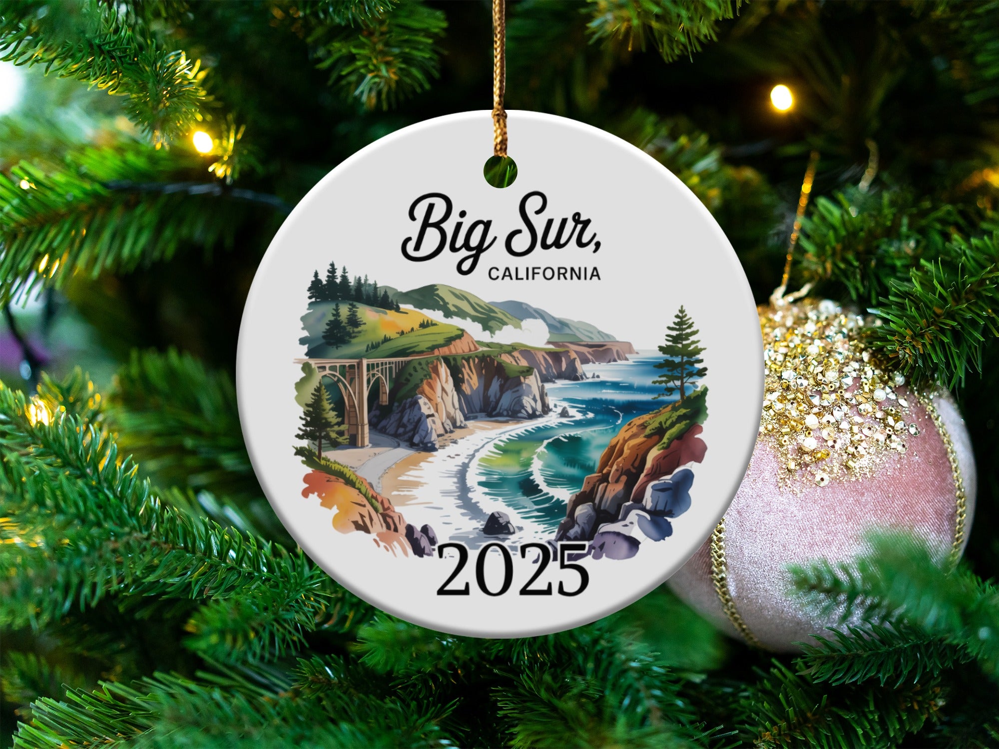 Big Sur, California ceramic ornament with a coastal landscape and 2025.