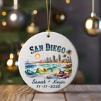 San Diego skyline ornament with surfers and personalized text.