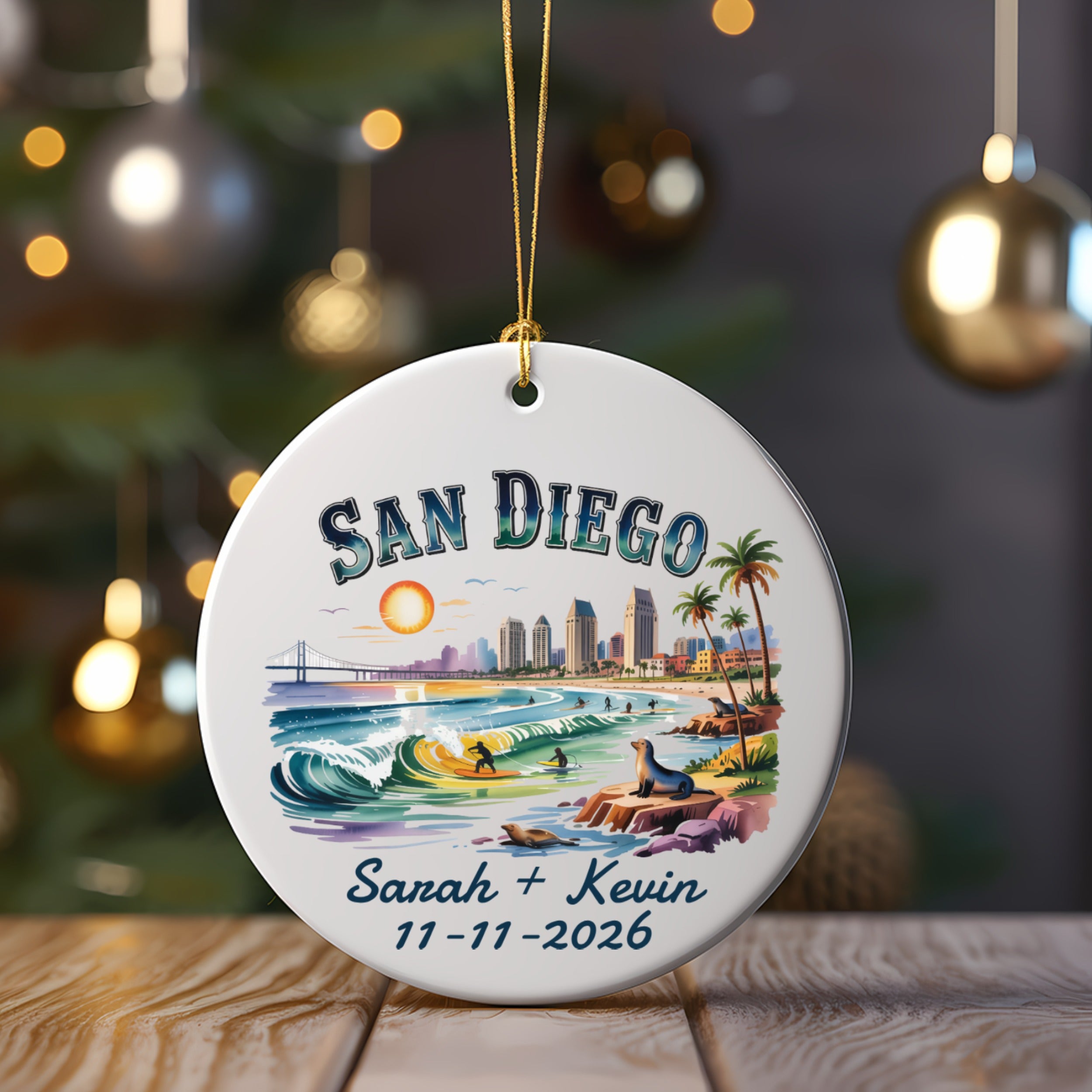 San Diego skyline ornament with surfers and personalized text.