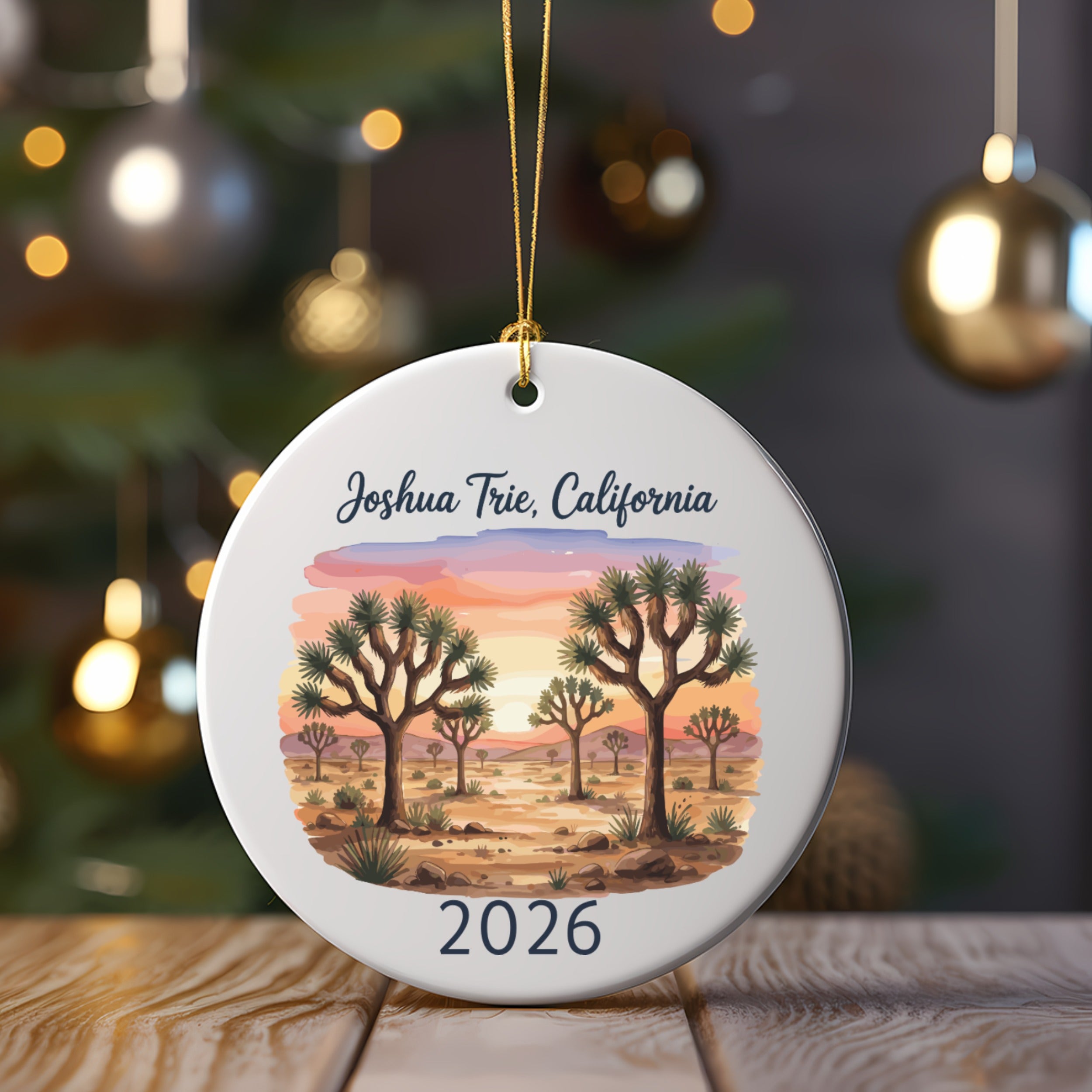 White ornament with Joshua Tree landscape, "Joshua Tree, California", and "2026" at bottom.