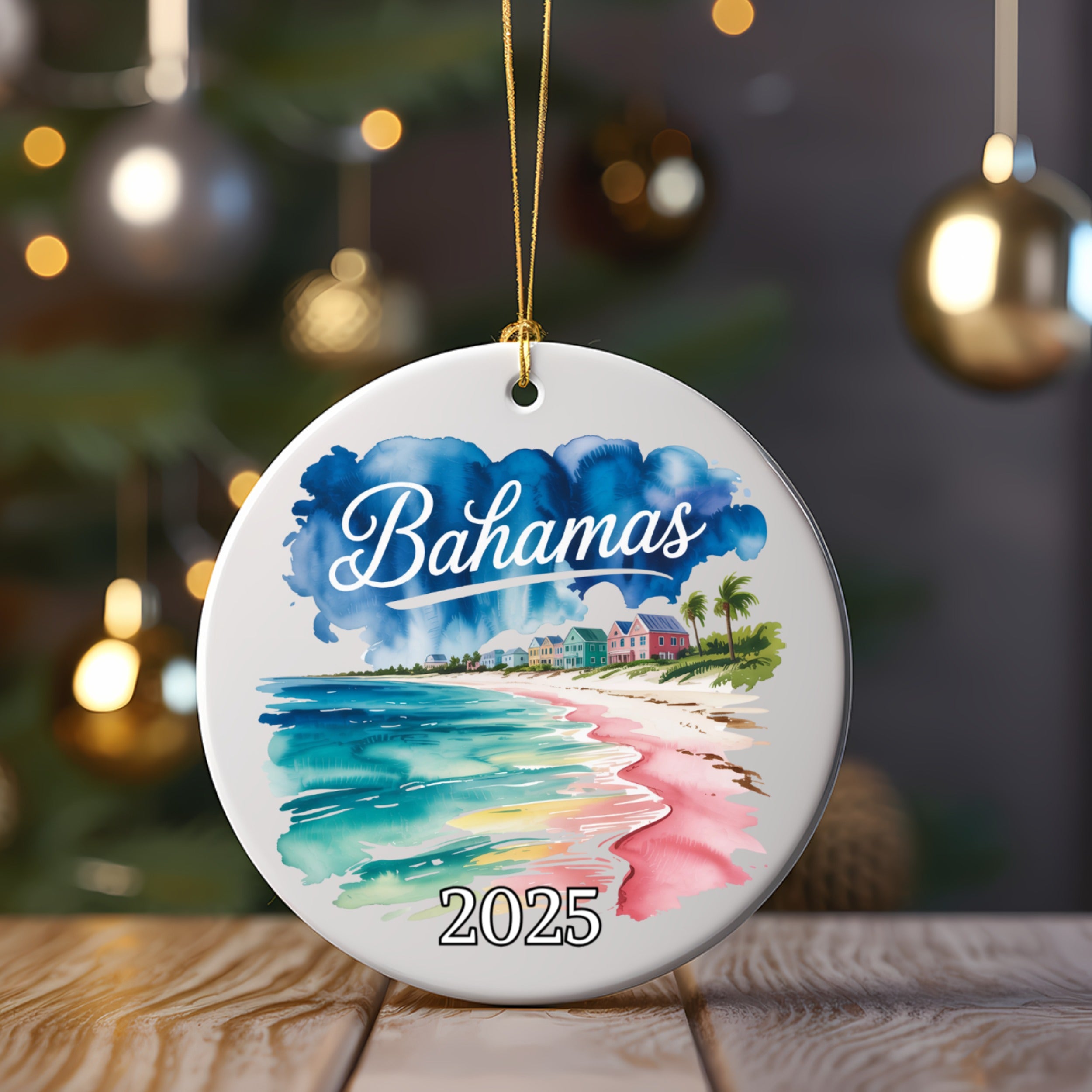 Bahamas ornament with colorful houses, beach, and palm trees, "Bahamas 2025" text.