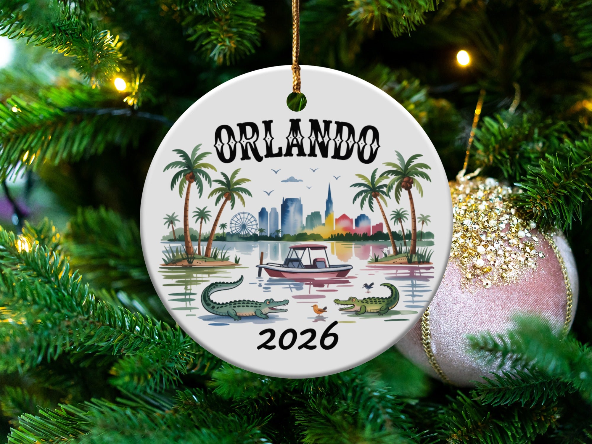 Orlando themed Christmas ornament with alligators, palm trees, and city skyline.