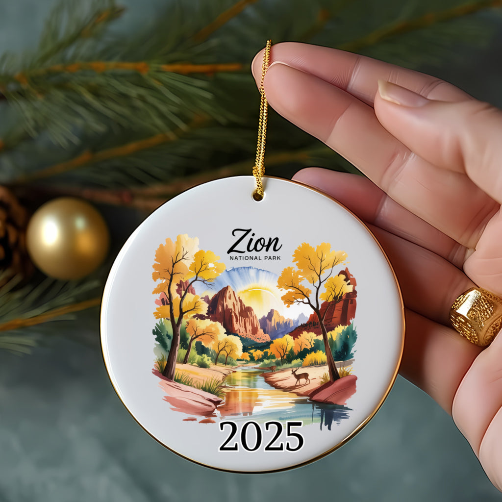 Round ornament featuring Zion National Park landscape and "2025" text.