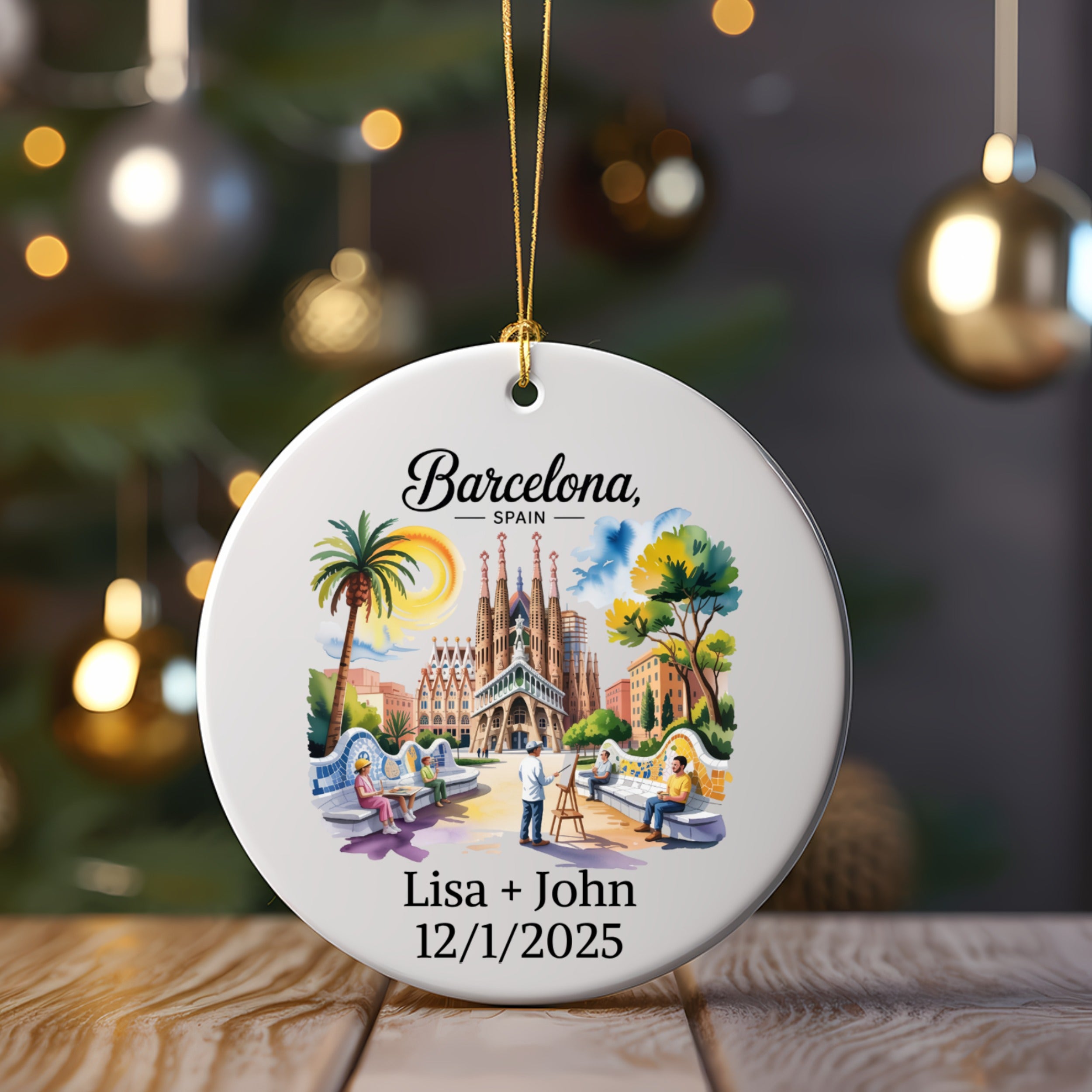 Barcelona, Spain Christmas ornament with names and date.