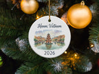 Hanoi, Vietnam 2026 ornament with watercolor cityscape and Christmas tree.