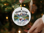 Grand Teton ornament with mountains, lake, canoes, and personalized text.