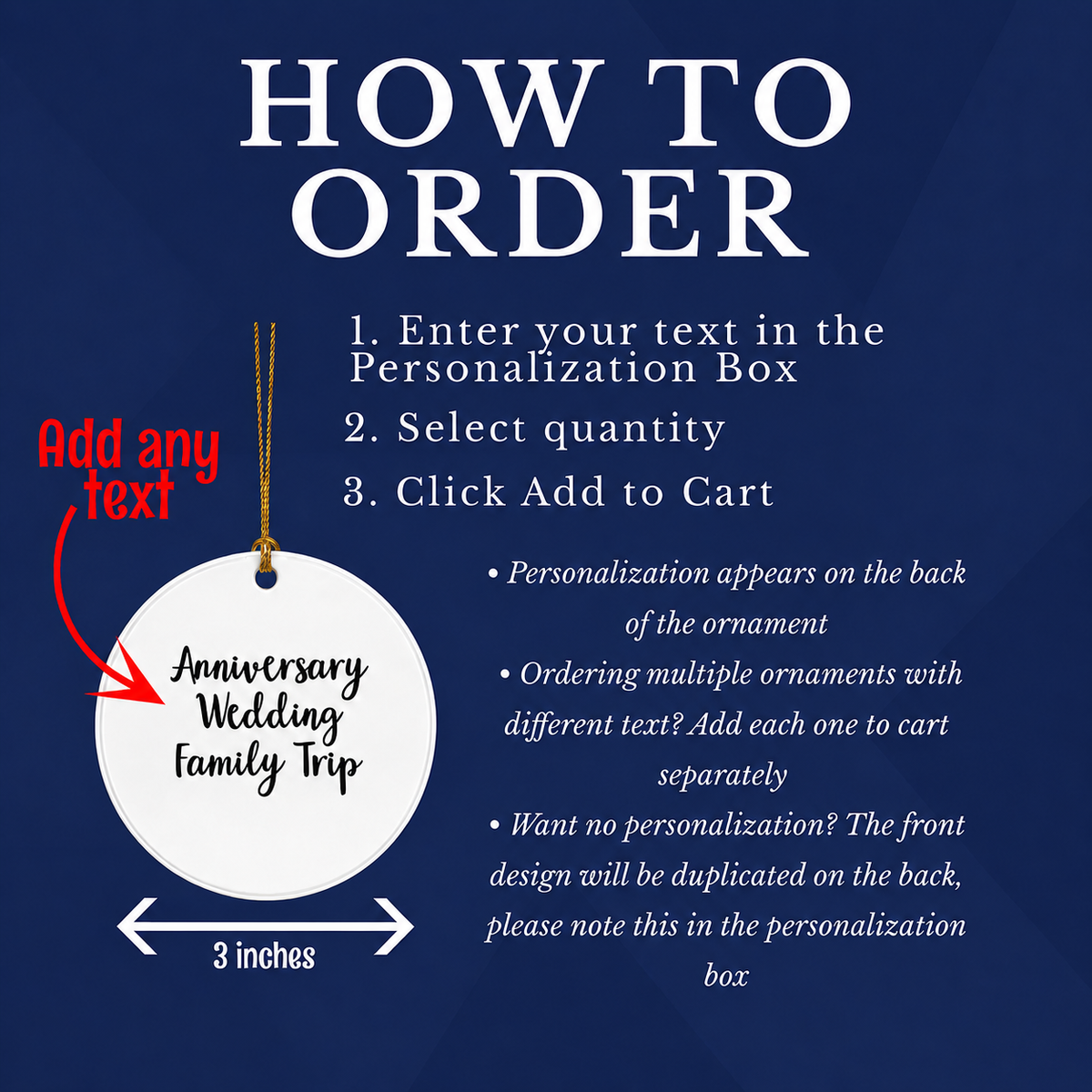 Instructions for ordering a personalized ornament with dimensions.