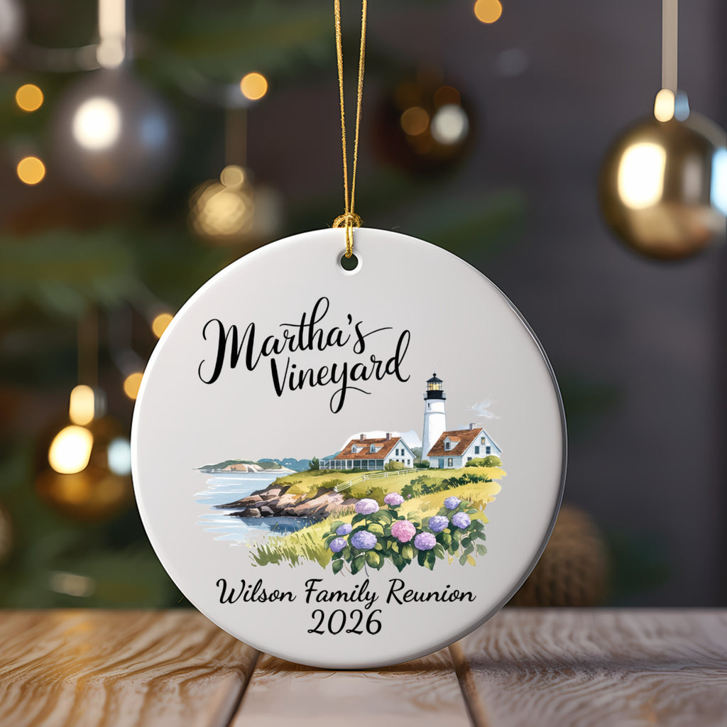 Round ornament with lighthouse, coastal scene, and "Martha's Vineyard Wilson Family Reunion 2026".