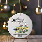Round ornament with lighthouse, coastal scene, and "Martha's Vineyard Wilson Family Reunion 2026".