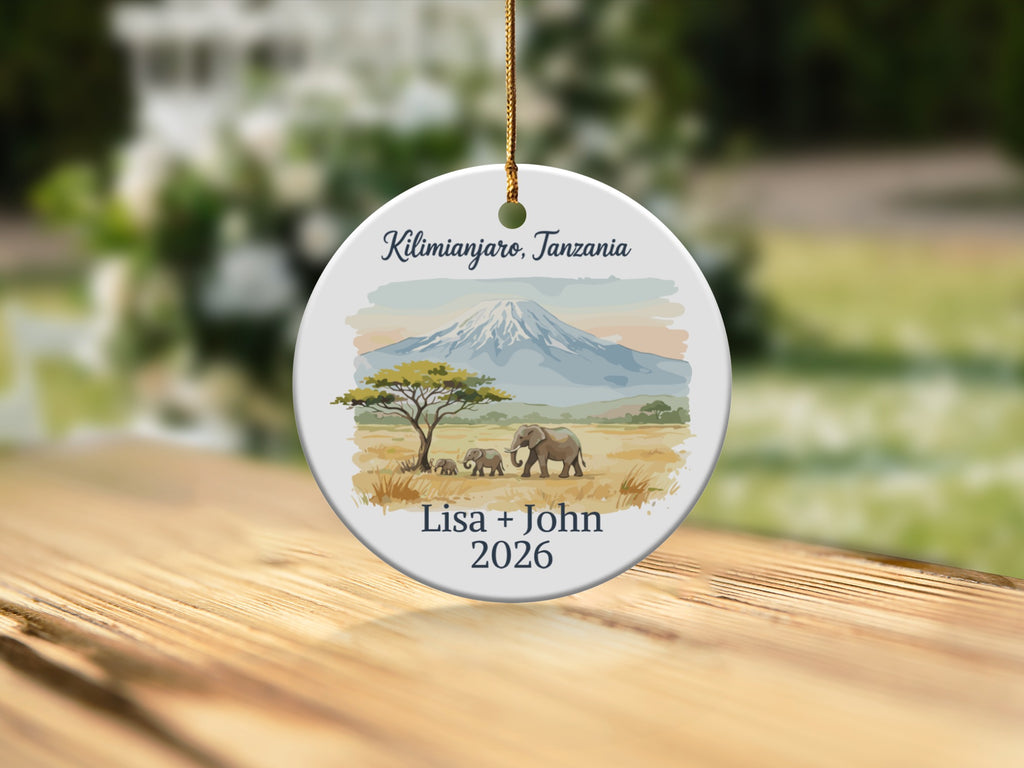 Kilimanjaro, Tanzania ornament with elephants and personalized text.