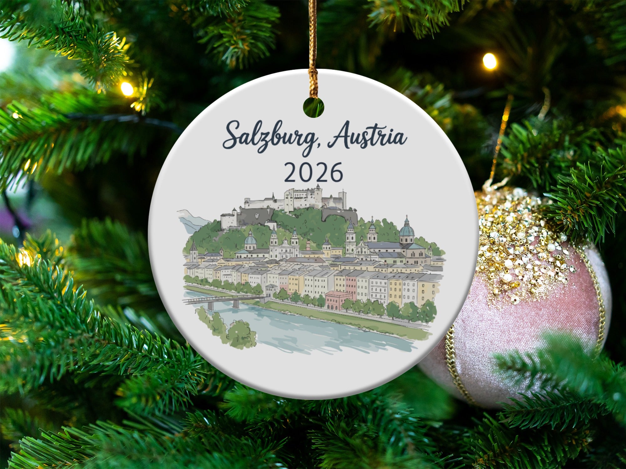 Salzburg, Austria 2026 ceramic ornament with Hohensalzburg Fortress and cityscape.