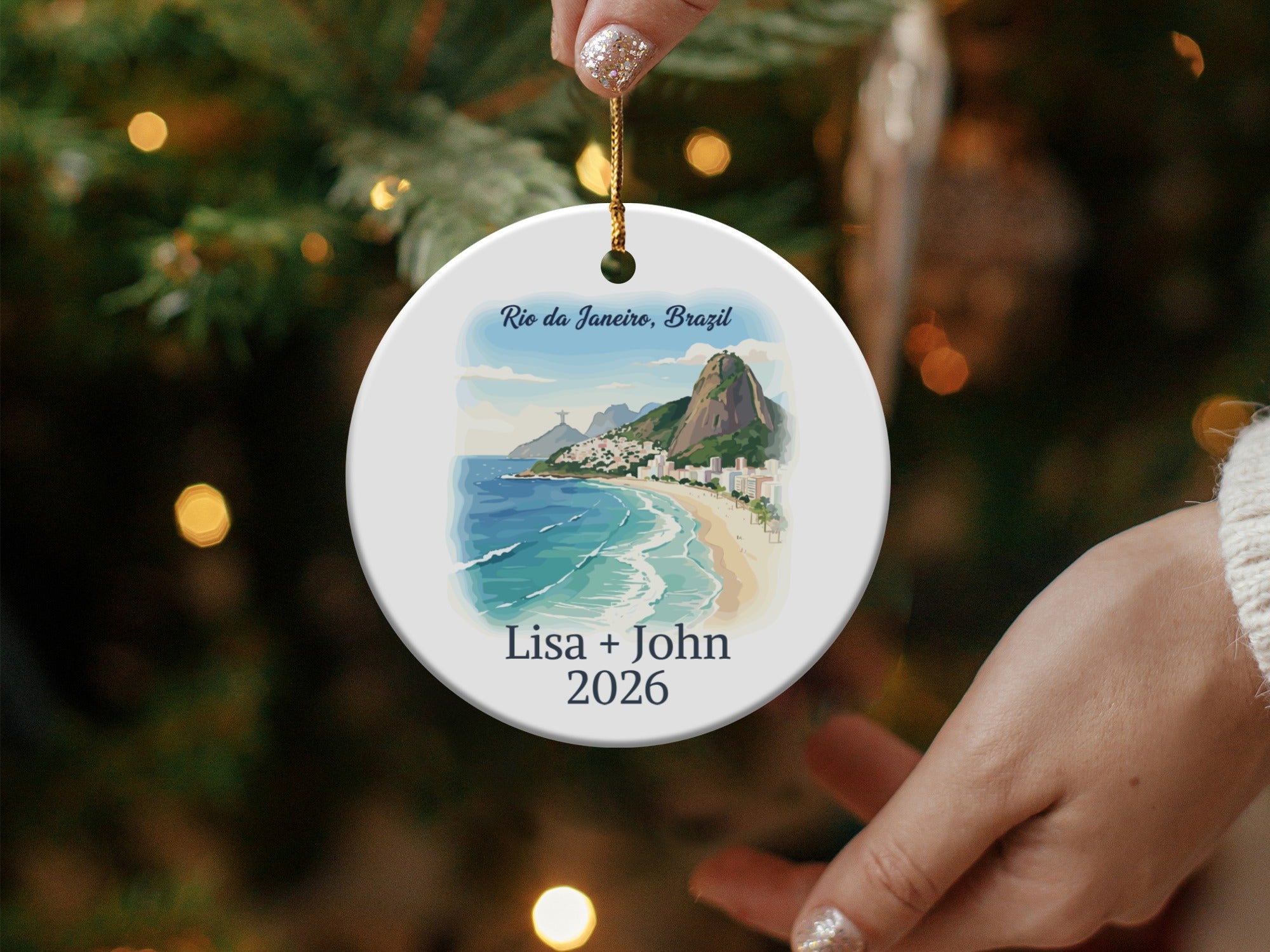 Rio de Janeiro, Brazil ceramic ornament with "Lisa + John 2026".
