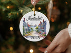 Nantucket Massachusetts 2025 round ornament with lighthouse and houses.