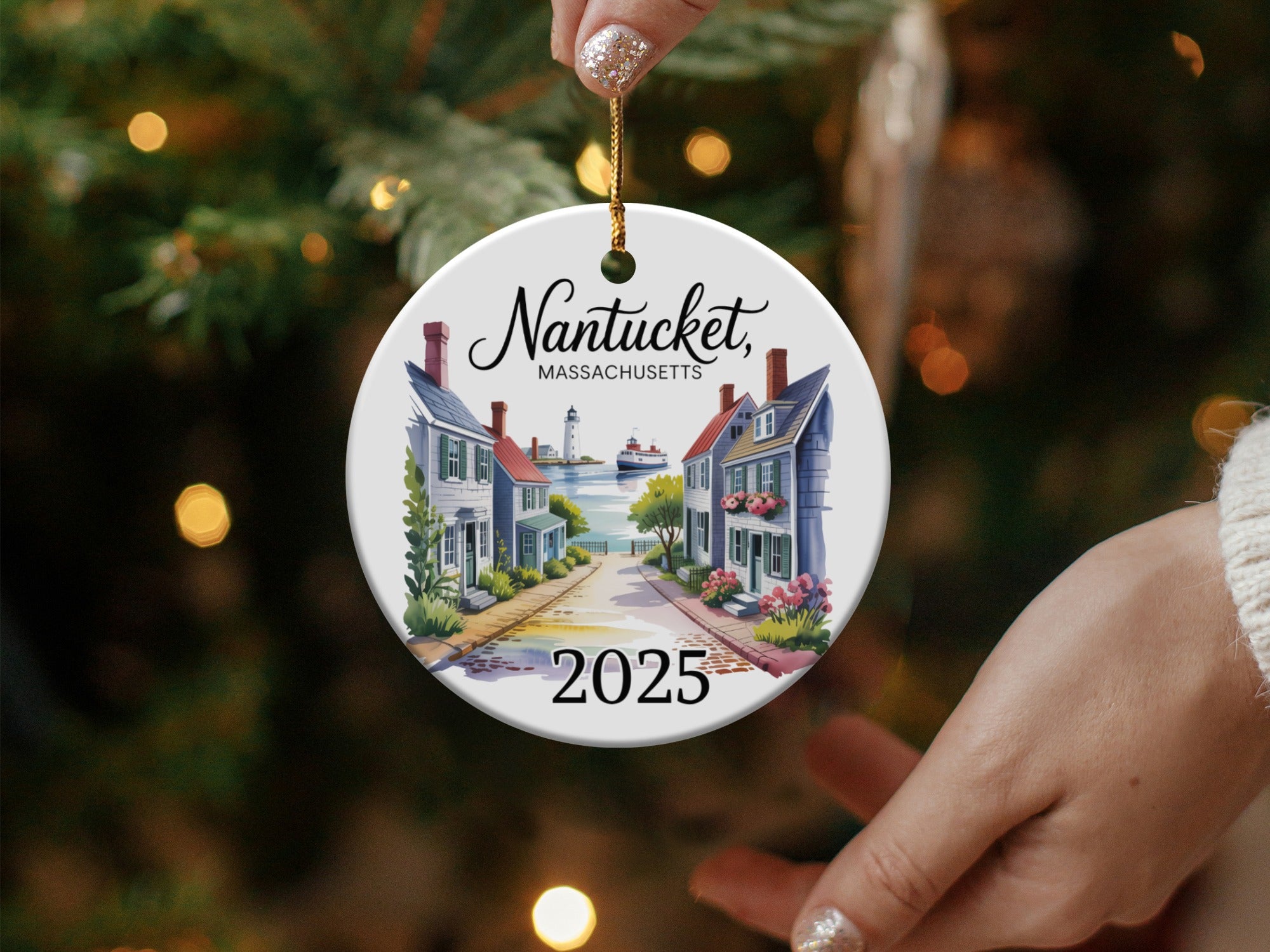 Nantucket Massachusetts 2025 round ornament with lighthouse and houses.