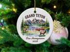 Grand Teton honeymoon ornament with lake, mountains, canoes, and deer.