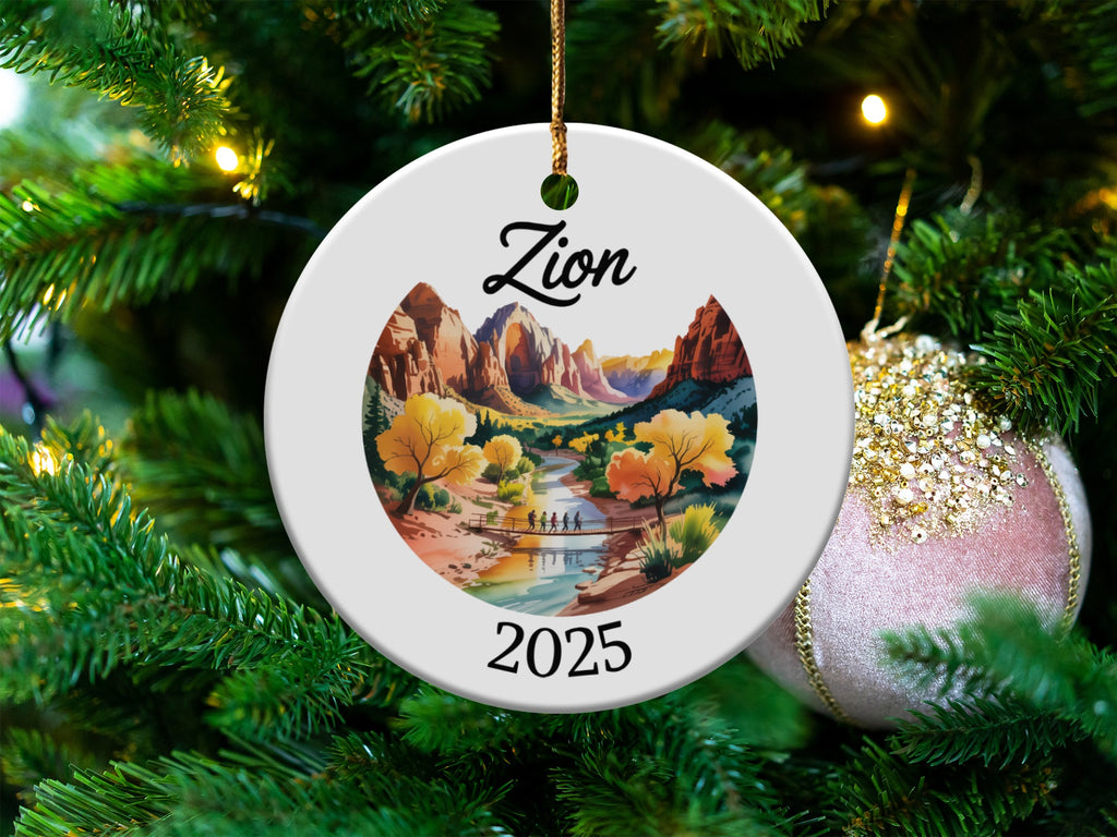 Round ornament with Zion National Park landscape and "2025" text.