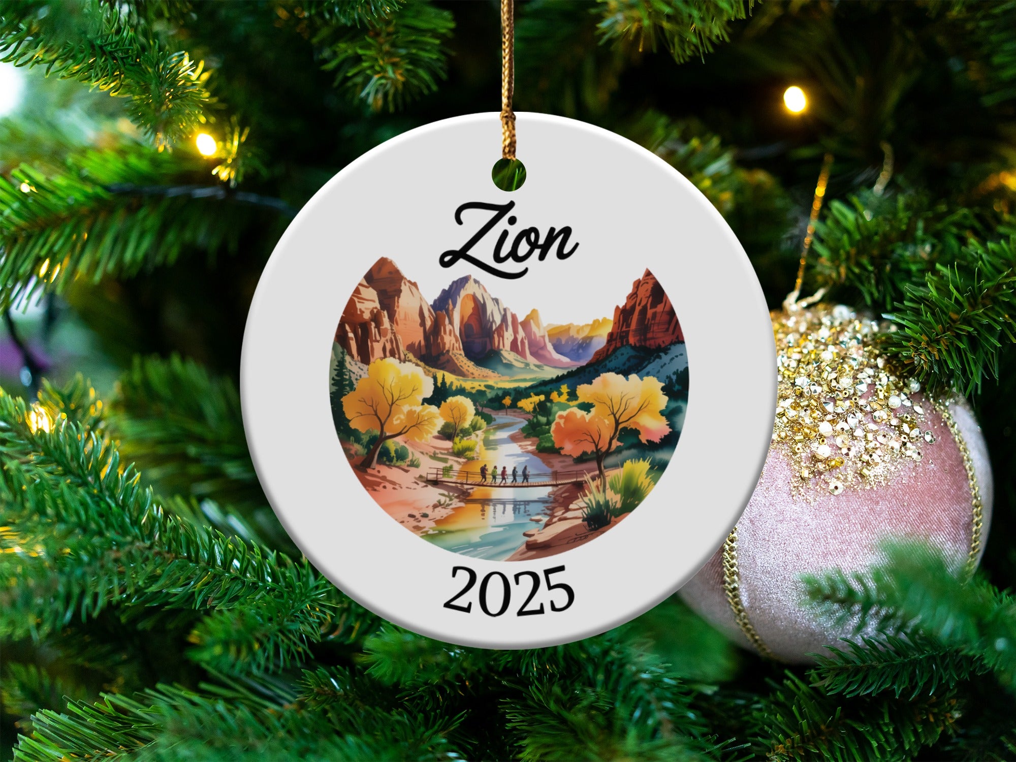 Round ornament with Zion National Park landscape and "2025" text.