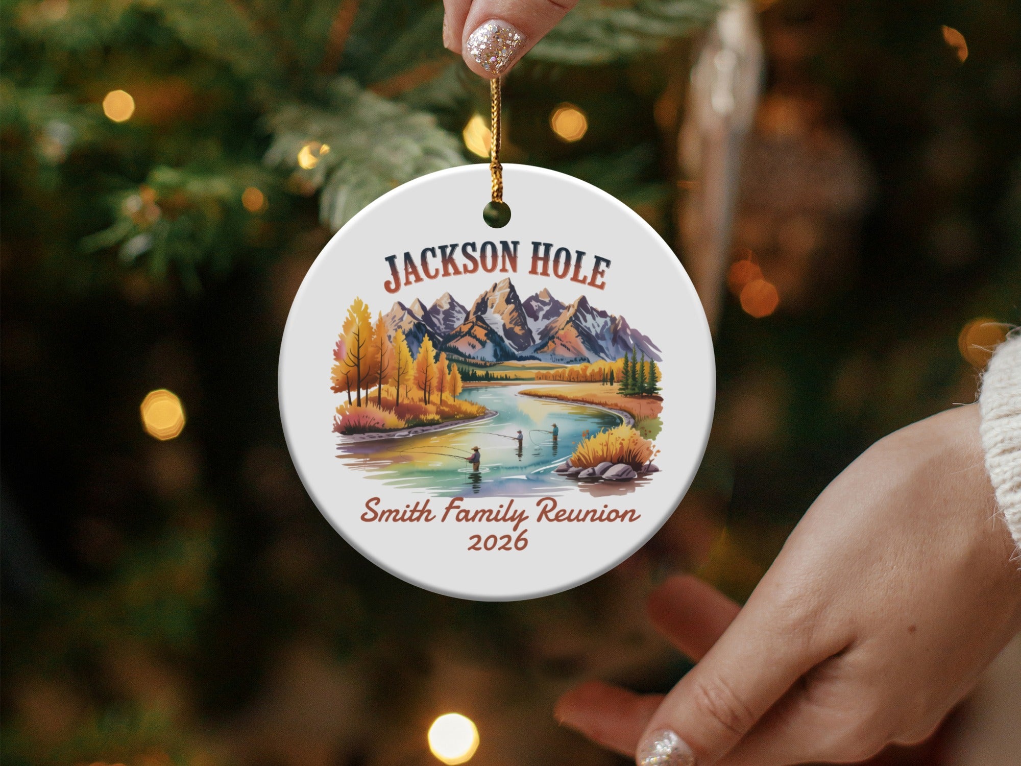 Jackson Hole Smith Family Reunion 2026 ornament with mountains and fishing scene.
