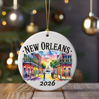New Orleans 2026 ornament with colorful buildings and street scene.