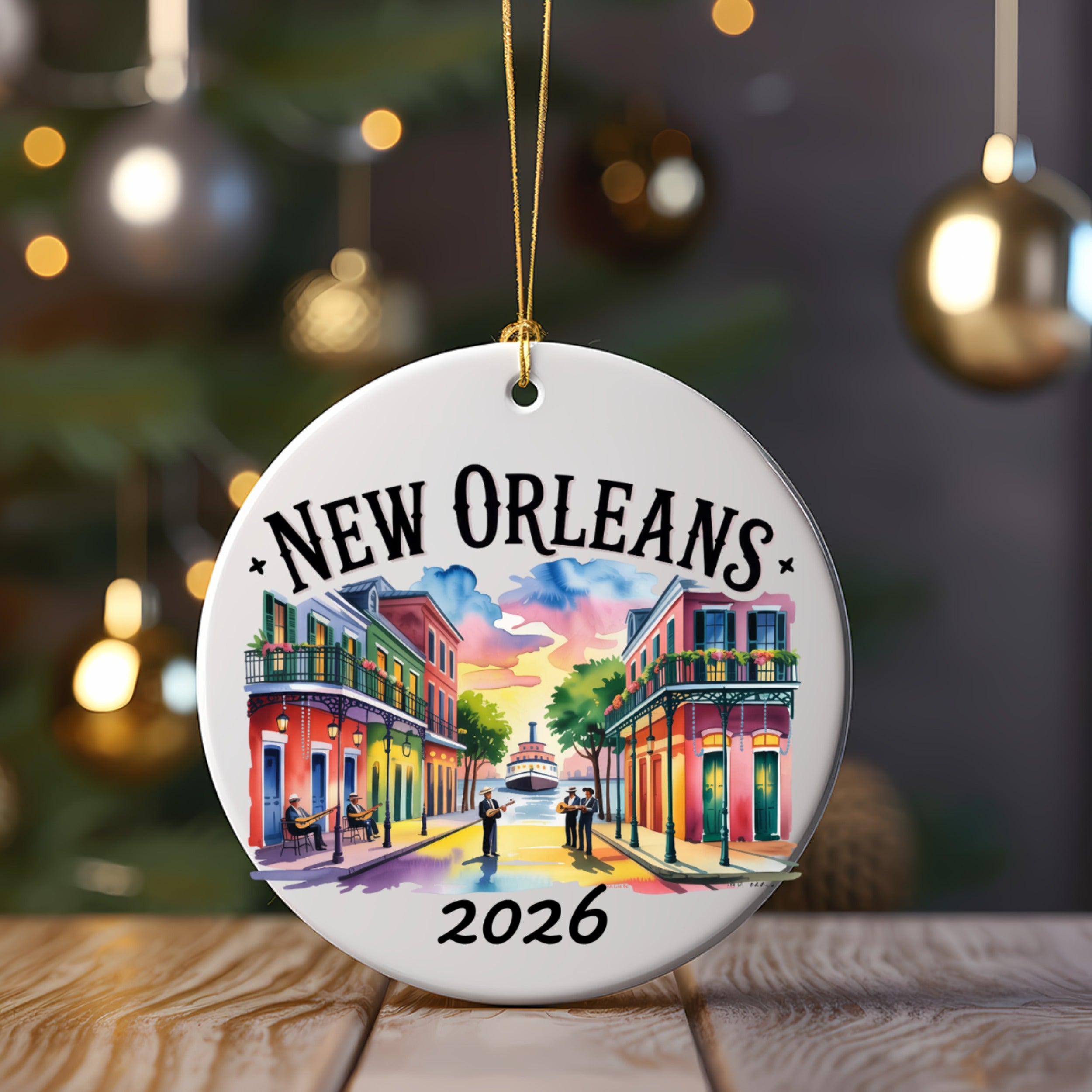 New Orleans 2026 ornament with colorful buildings and street scene.