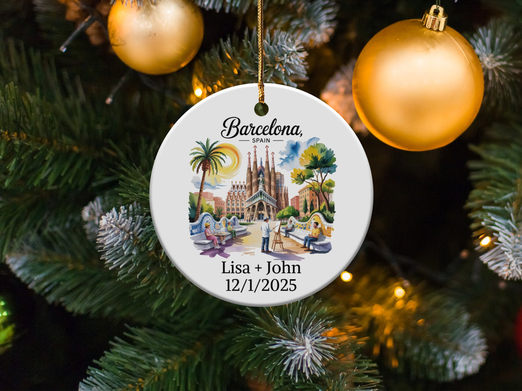 Barcelona, Spain ceramic ornament with palm trees and text.