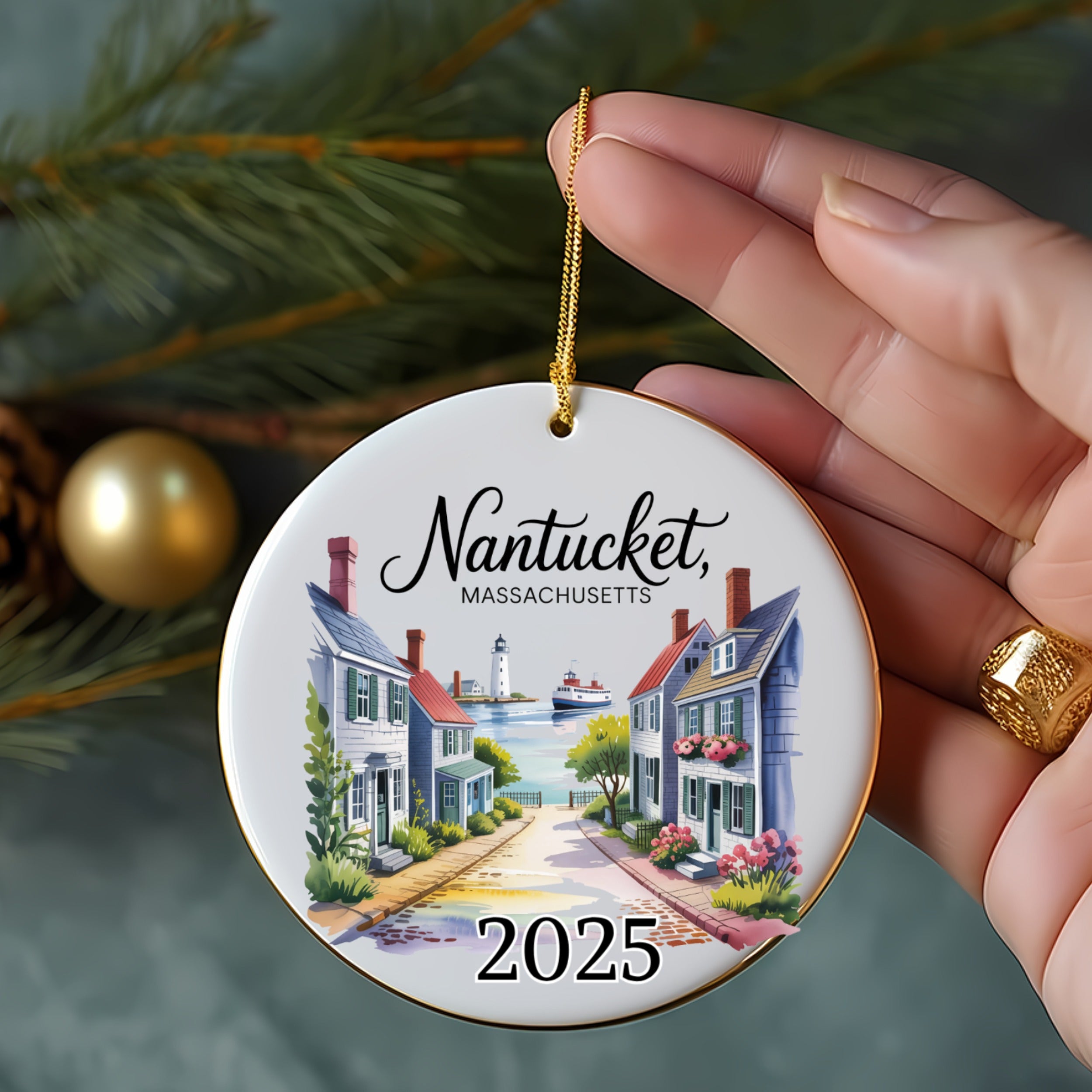 Round ornament featuring Nantucket, Massachusetts houses, a street, and the year 2025.