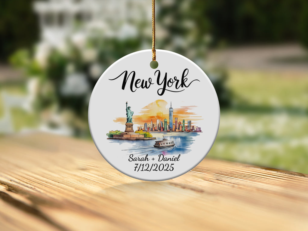 New York City skyline ornament with personalized text Sarah & Daniel 7/12/2025.