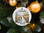 Nantucket, Massachusetts 2025 ornament featuring a bicycle and lighthouse scene.
