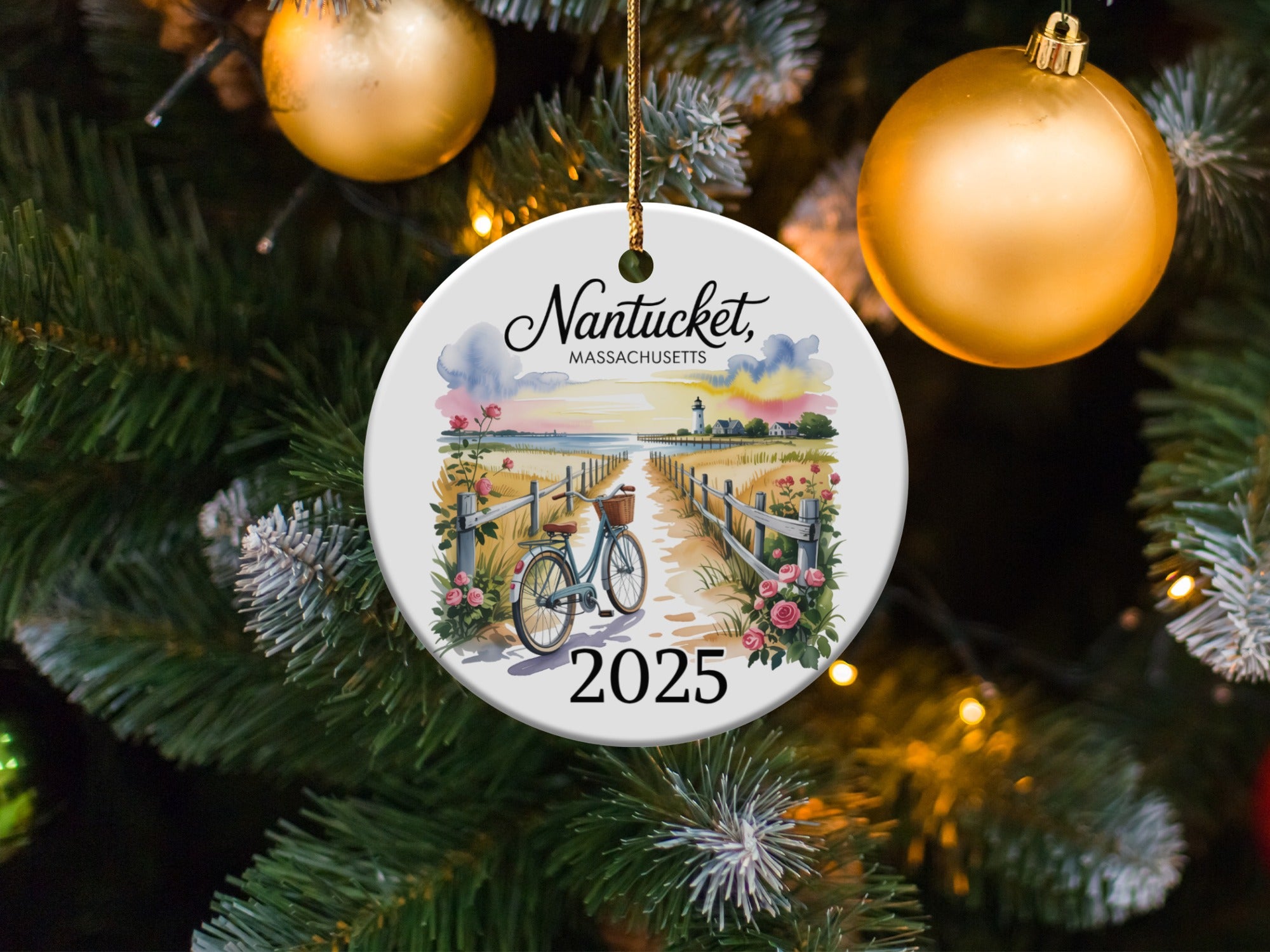 Nantucket, Massachusetts 2025 ornament featuring a bicycle and lighthouse scene.