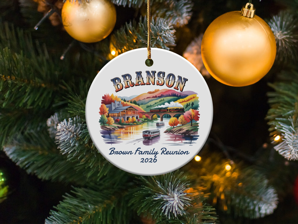 Branson Brown Family Reunion 2026 ornament on Christmas tree.