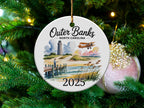 Outer Banks North Carolina ornament with lighthouse, pier, and biplane.