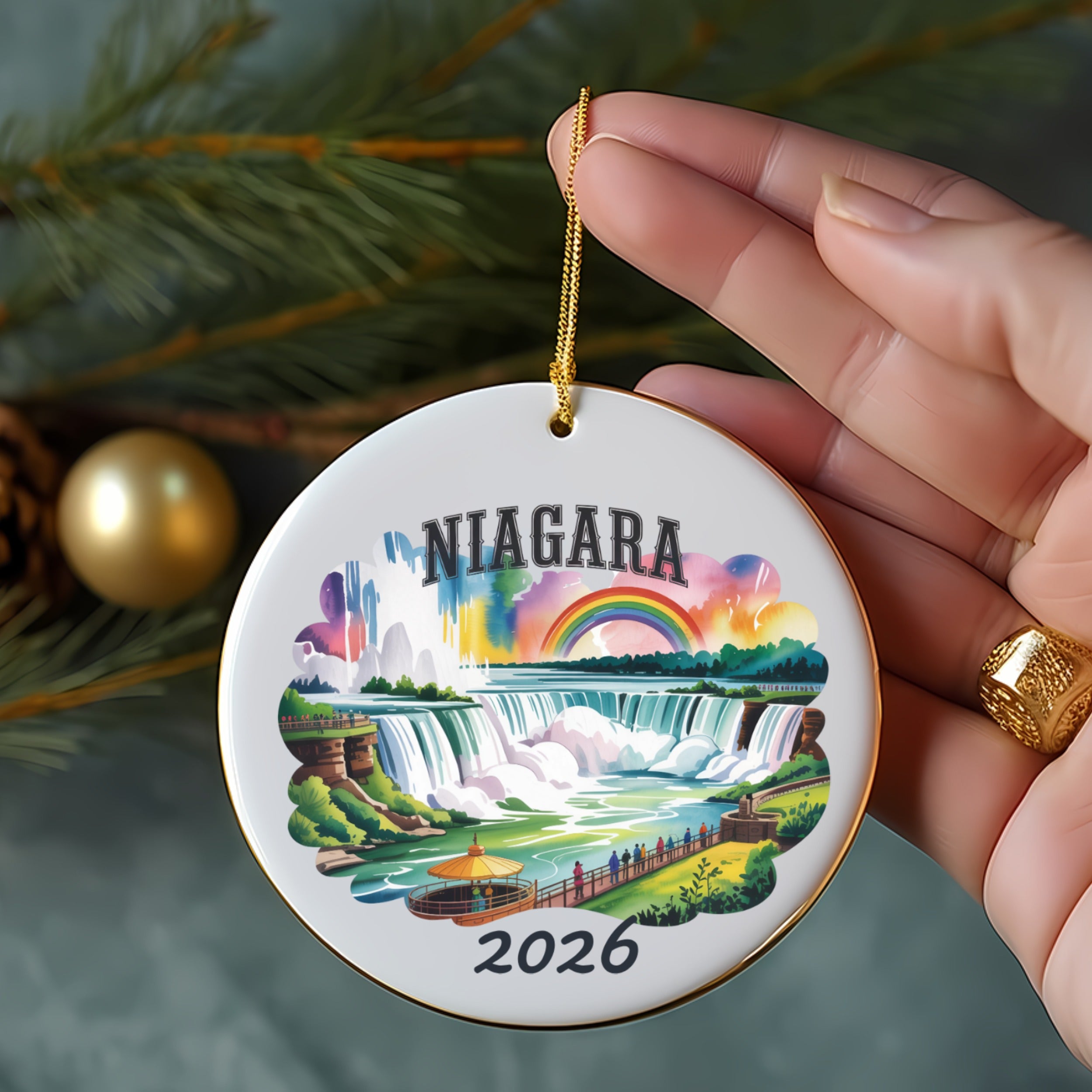 Niagara Falls ornament with rainbow and "2026" text.