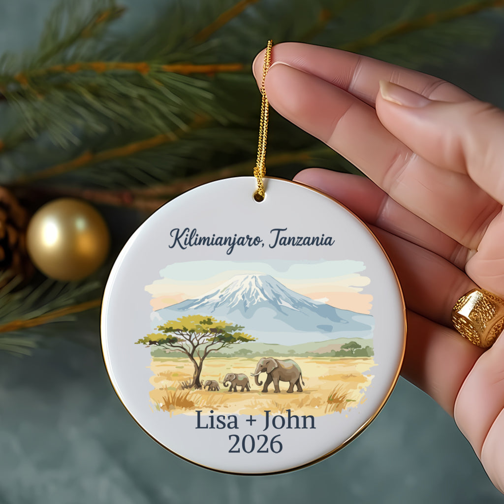 Kilimanjaro, Tanzania ornament with elephants, trees, and custom text.