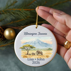 Kilimanjaro, Tanzania ornament with elephants, trees, and custom text.