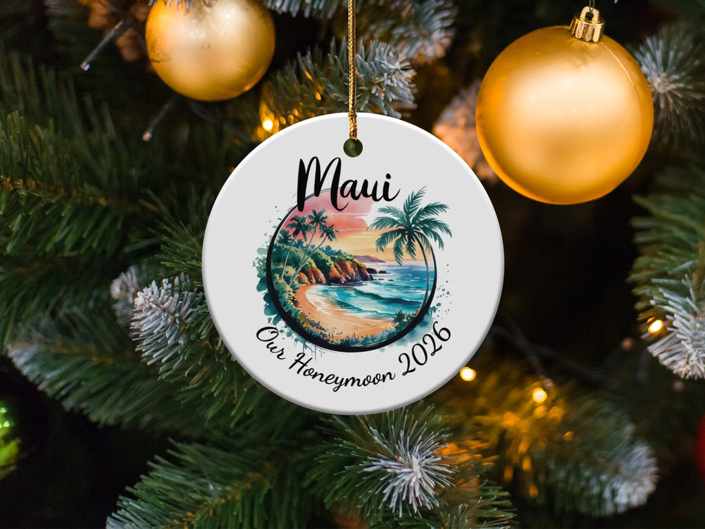 Round ornament with "Maui Our Honeymoon 2026" over a beach scene.