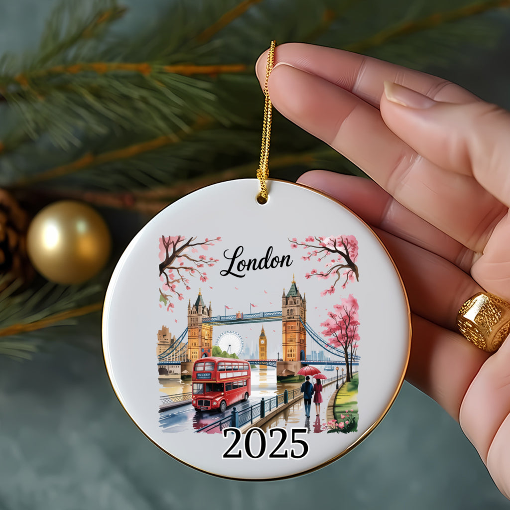 Round ornament with London Bridge, a red double-decker bus, and "London 2025".