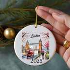 Round ornament with London Bridge, a red double-decker bus, and "London 2025".