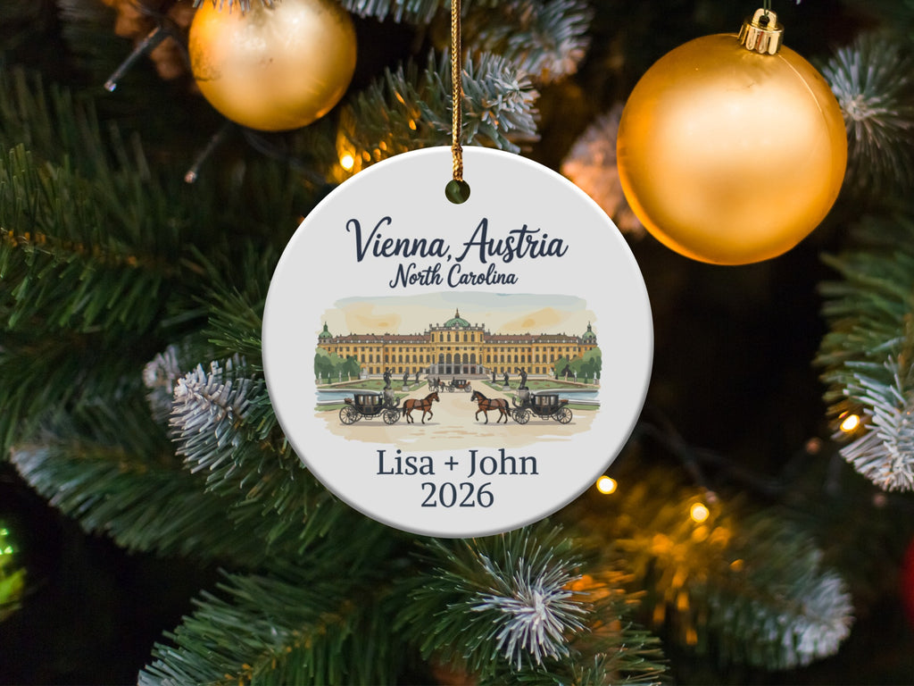 Ornament with Vienna, Austria, horse-drawn carriages, and "Lisa + John 2026".