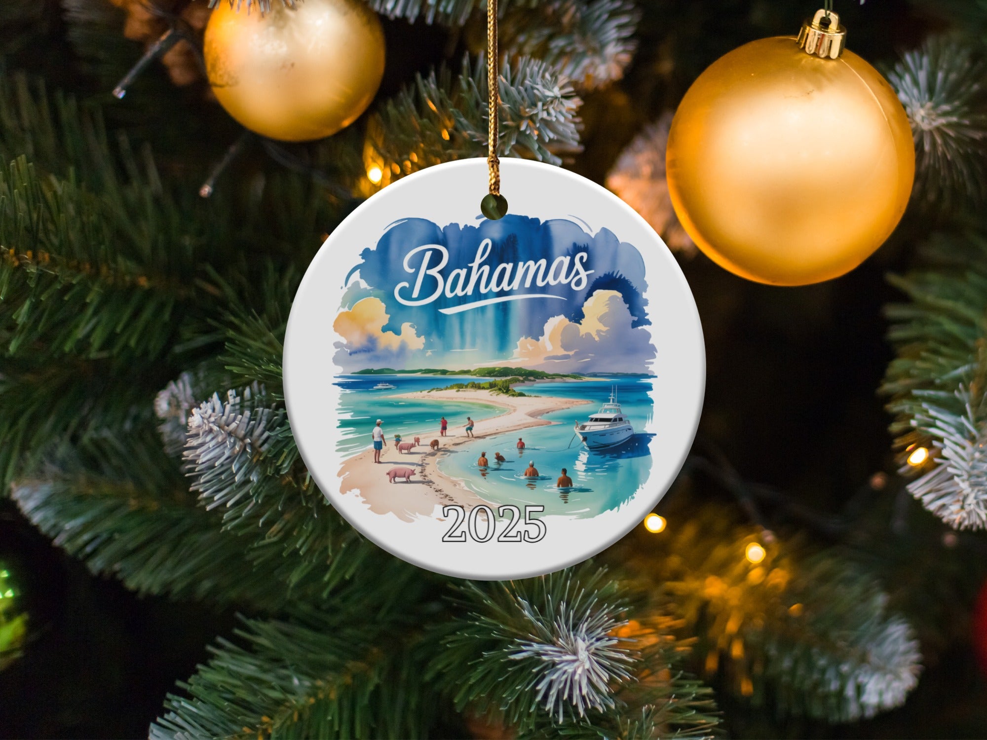 Bahamas 2025 Christmas ornament with beach scene.