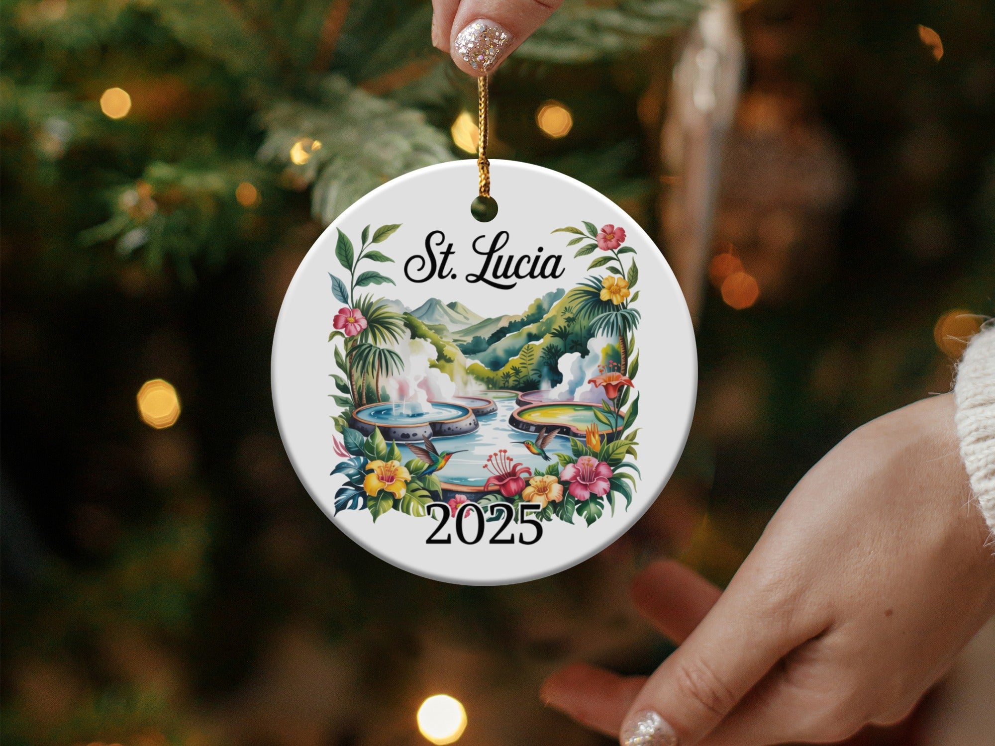 St. Lucia 2025 ornament with tropical scenery and hot springs.